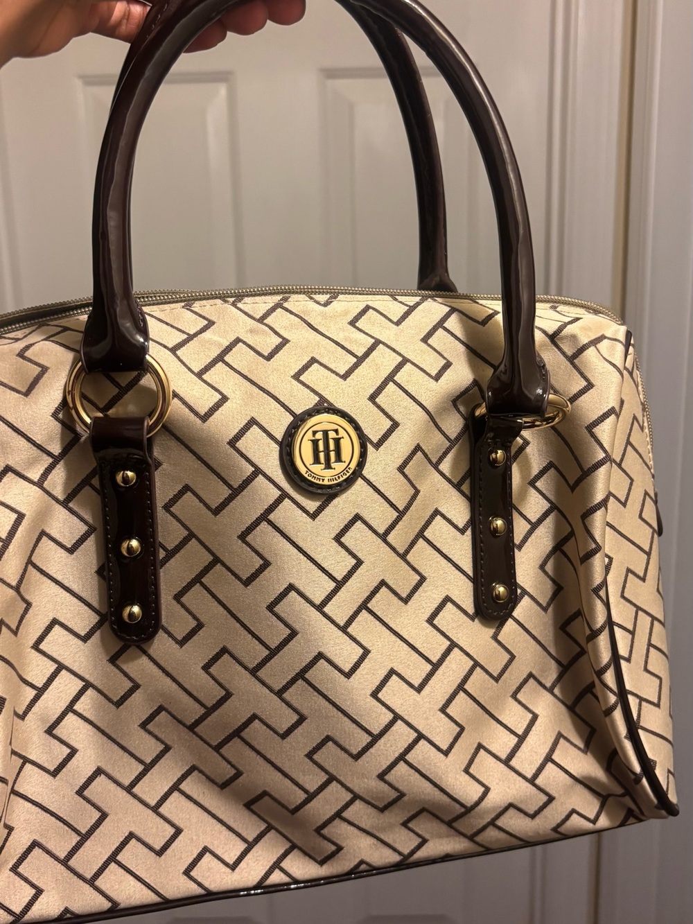 Tommy Hilfiger Beige Monogram Shoulder Bag with Dark Brown Trim